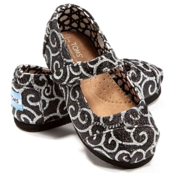 Toms Black & Silver Shimmering Swirl Mary Jane Shoes Toddler size 5.5 - Picture 1 of 8